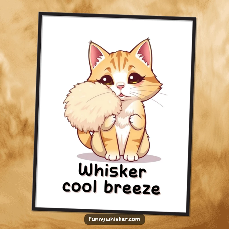 Funny digital art print of a dramatic cat fanning itself with a giant whisker, perfect for instant download and glamorous, humorous decor.