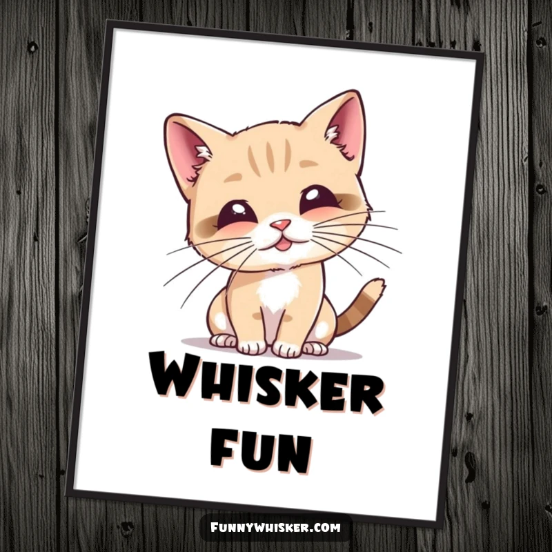 Funny digital art print of a tiny cat character playfully batting at its own exaggerated whiskers, capturing whimsical charm.