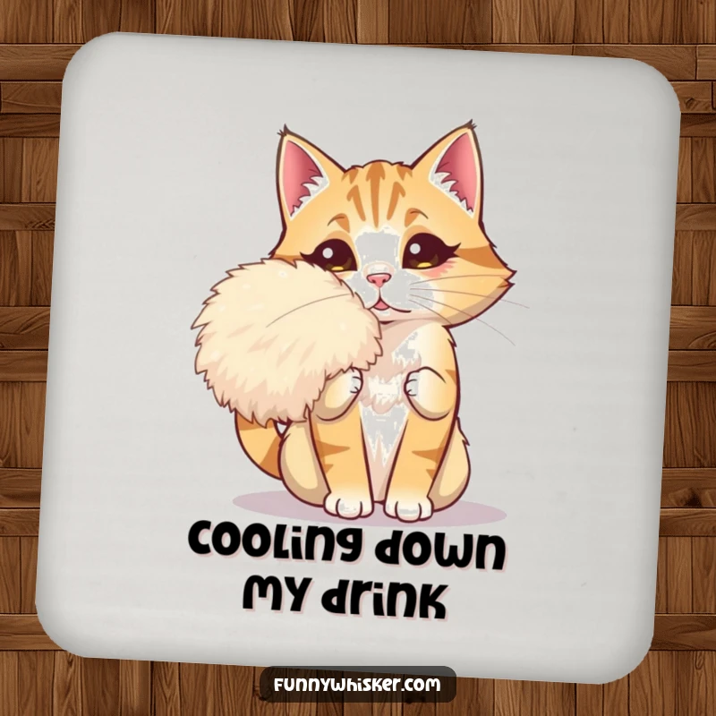 Funny drink coaster featuring a dramatic cat fanning itself with a giant whisker, adding glamorous and humorous flair to surfaces.