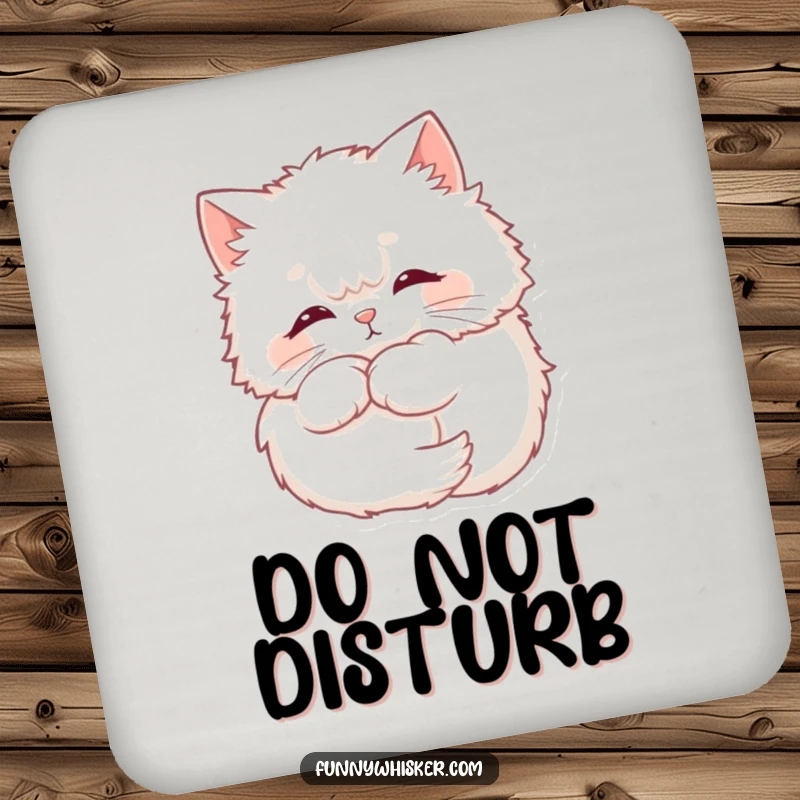 Funny Cat Coaster featuring a fluffy cat's serene face, its whiskers forming a soft halo, adding humor to drink service.