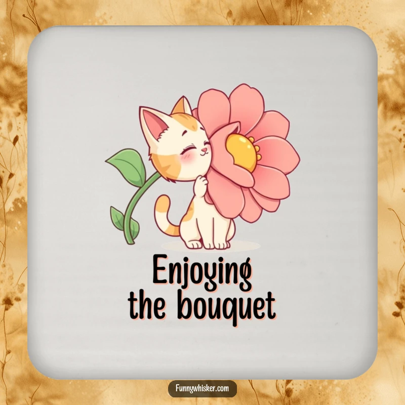 Funny Coaster: A cat character dramatically sniffing a giant, cartoonish flower.