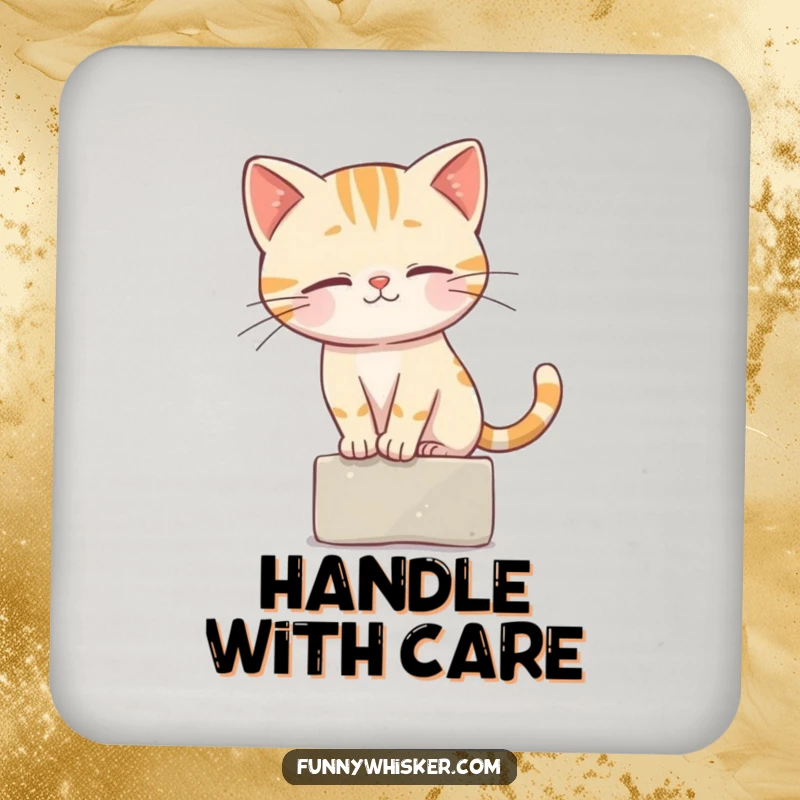 Funny Cat Coaster illustrating a cat character balancing on a tiny ledge, its whiskers key to its stability.