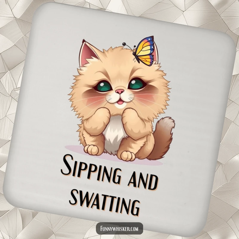 Funny Coaster Set featuring a fluffy cat with oversized whiskers playfully batting at a dancing butterfly.