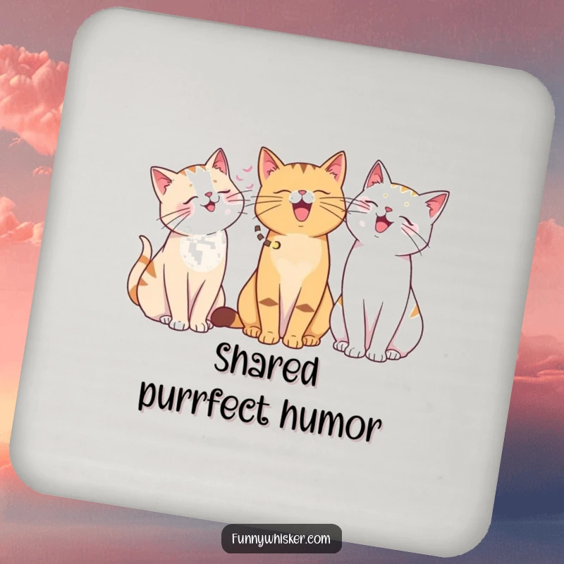 Funny drink coaster with cats of varying whisker lengths giggling. Humorous and functional, a delightful funny gift.