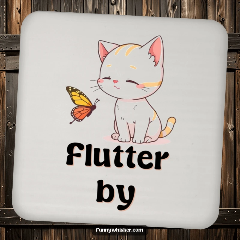 Funny Cat Coaster featuring a cat catching a butterfly with its whiskers, protecting surfaces with humor, an excellent funny gift.