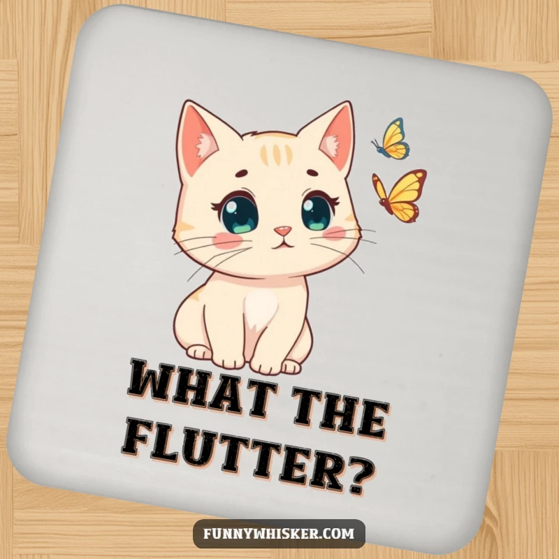 Funny drink coaster, cat with windswept whiskers, surprised by a butterfly. Humorous and functional, a delightful funny gift.
