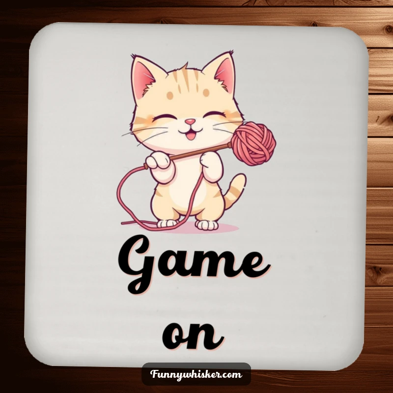 Funny Coaster: A cat character playfully batting at a fuzzy ball of yarn.