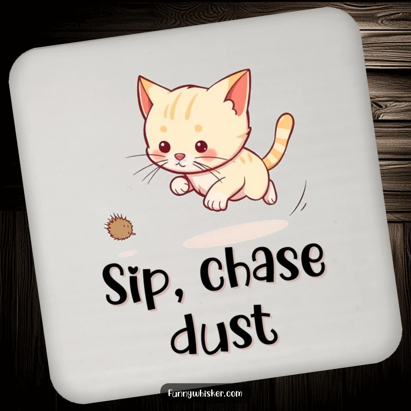 Funny cat coasters showing a cat chasing a dust bunny with long whiskers trailing, protecting surfaces with pet humor.