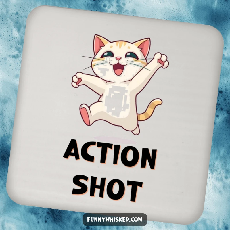 Funny cat coaster featuring a character leaping with exhilarating motion, whiskers spread wide, a humorous and protective addition to any table.