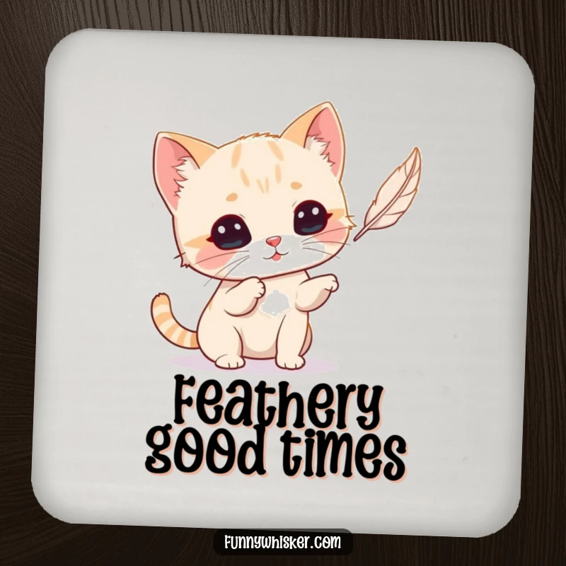 Funny Cat Coaster: Tiny cat with prominent whiskers playfully batting a feather, a humorous drink accessory.