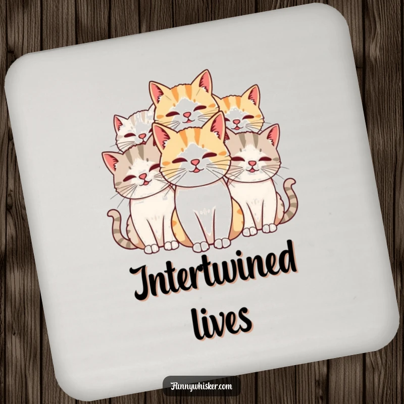 Funny Cat Coaster featuring cats' long, intertwined whiskers, protecting surfaces with humor, an excellent funny gift.