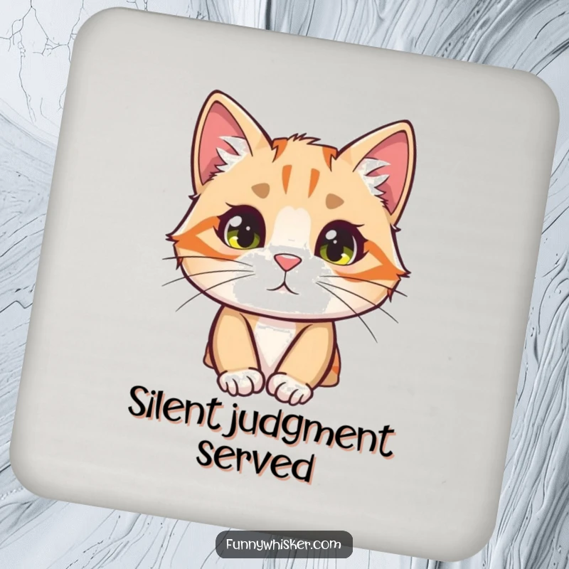 Funny cat coaster with a curious character peeking from behind a large, fuzzy whisker, protecting surfaces.