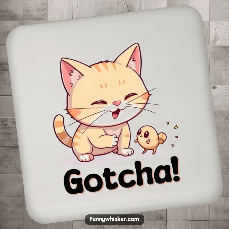 Funny drink coasters showcasing a cat character with wiggling whiskers, hunting a tiny dust bunny, for surface protection.