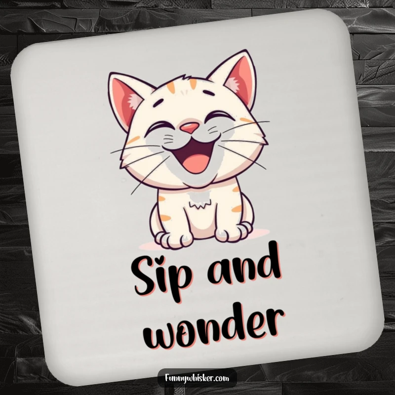 Funny coaster featuring a cat with a wide, excited grin and twitching whiskers, adding a humorous and curious touch to surfaces.