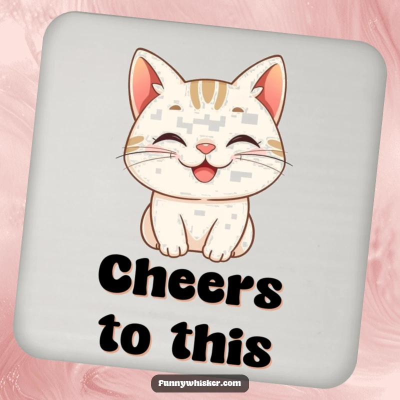 Funny drink coaster, a cat character with whiskers curled into a cheerful grin, adding a touch of happy charm to table protection.