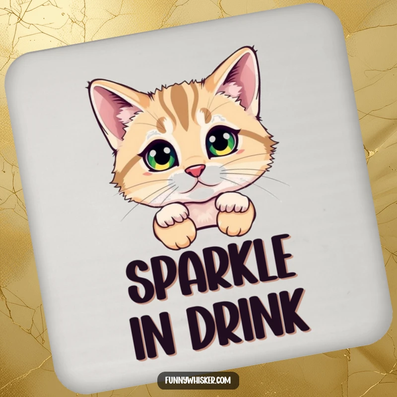 Funny coaster featuring a cat peeking from behind oversized, fluffy whiskers, with sparkling eyes, adding a humorous and charming touch.
