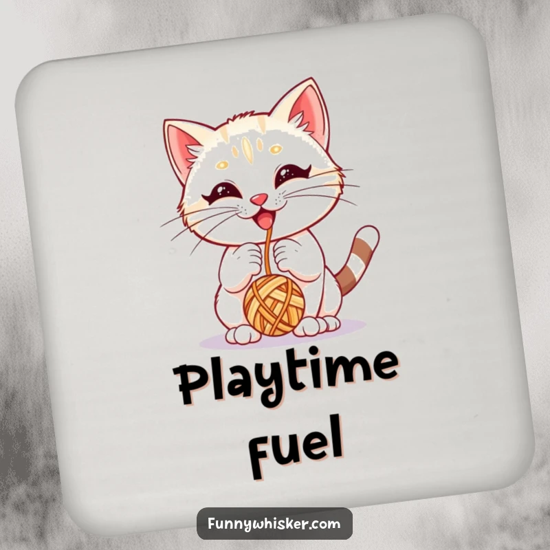 Funny drink coaster set with a kitten with large whiskers joyfully playing with a yarn ball, adding charm.