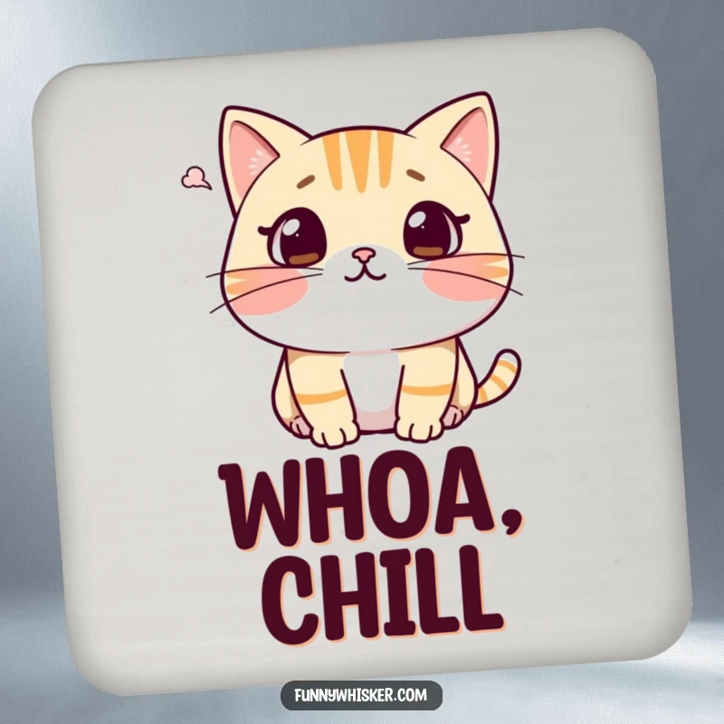 Funny cat coaster featuring a character with a surprised expression, whiskers recoiling from a puff of air, a humorous and protective item.