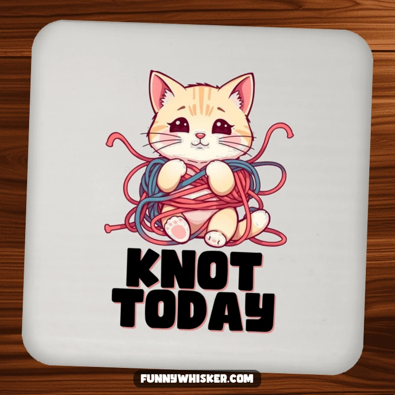 Funny drink coasters featuring a cat character tangled in yarn, whiskers askew, adding a touch of humor to any surface.
