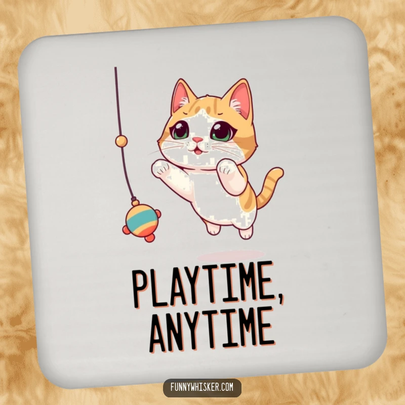 Funny Cat Coaster: Cat with prominent, twitching whiskers leaps for a dangling toy, a humorous drink accessory.