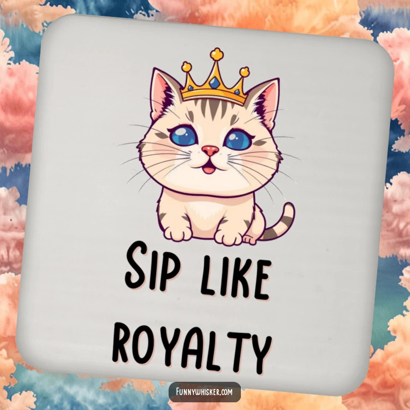 Funny coaster with a silly cat wearing an oversized whisker crown, adding regal humor to any drink setting.