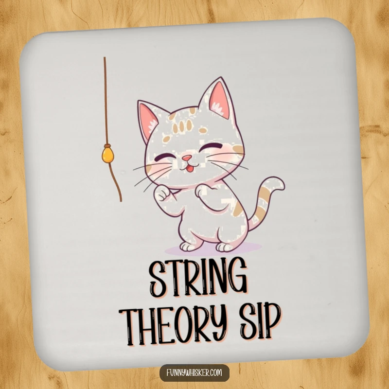 Funny coaster featuring a cat with oversized whiskers playfully batting at a dangling string, adding a humorous and protective touch to surfaces.