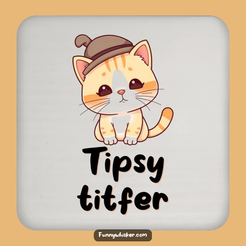 Funny Silly Hat Cat Drink Coaster - Tilting Hat Humor