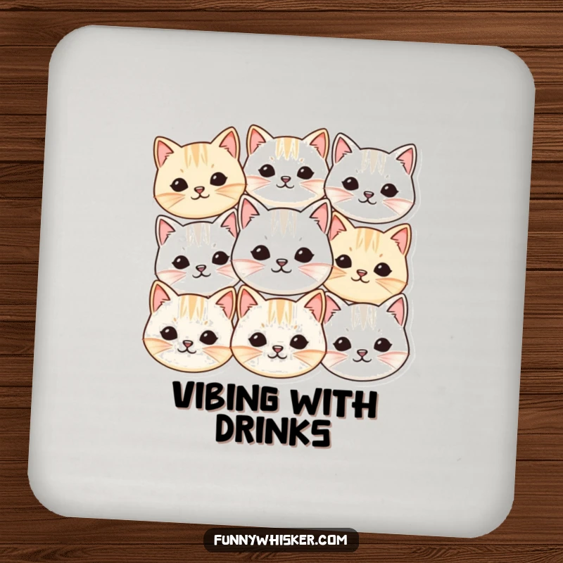 Funny drink coaster with a group of small, round cat faces and vibrating whiskers, perfect for cute and humorous surface protection.