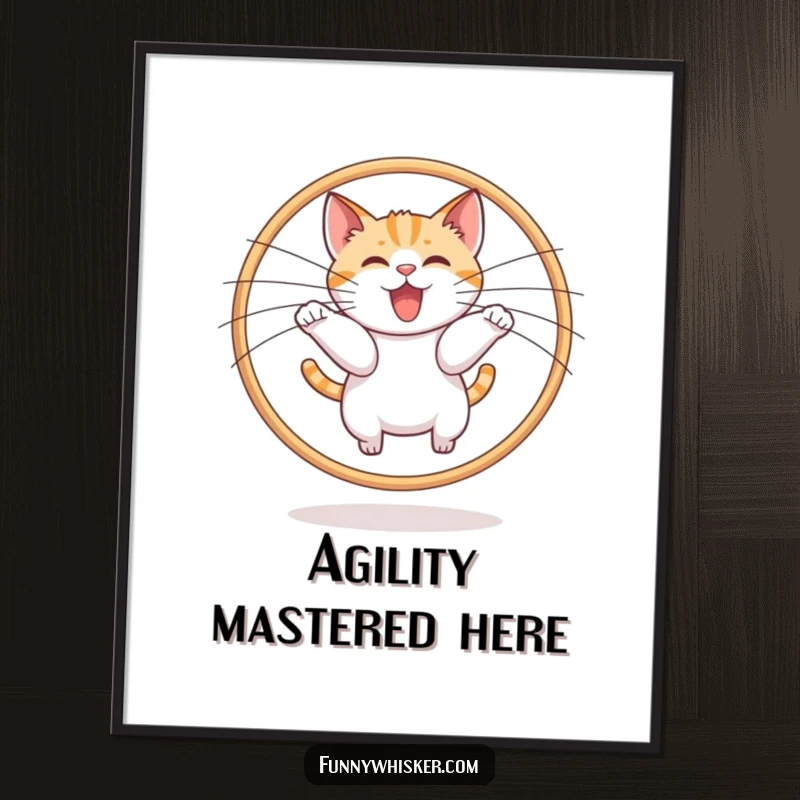 Funny cat leaping through a hoop formed by two oversized whiskers, as a whimsical poster, a fantastic funny gift.