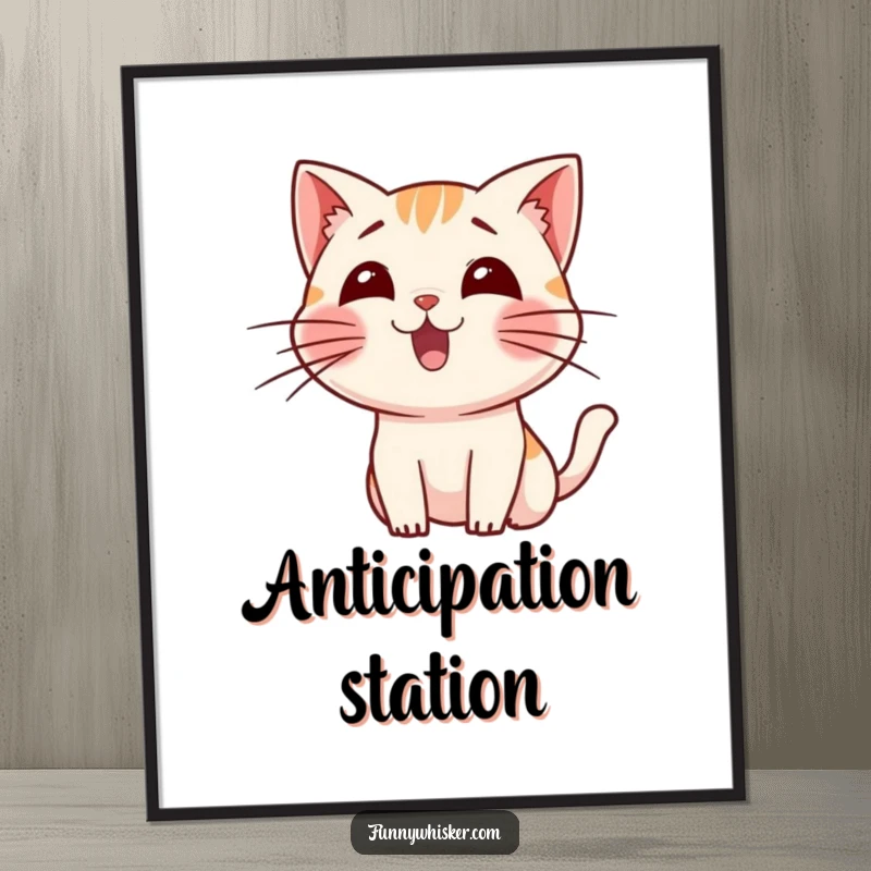 Funny poster of a small cat character wiggling its long whiskers with palpable excitement, perfect for cat-themed decor.