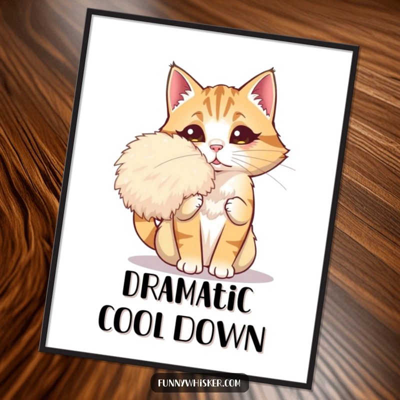 Funny poster of a dramatic cat fanning itself with a giant whisker, perfect for adding sophisticated and humorous wall art.