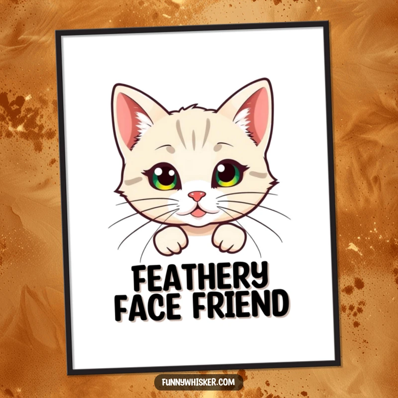 Funny poster, a cat character humorously peeking from behind large, feathery whiskers, adding a touch of whimsical mystery to wall art.