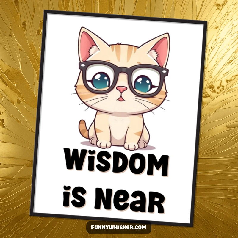 Funny cat wearing tiny spectacles perched precariously on its whiskers, presented as whimsical wall art on a poster.