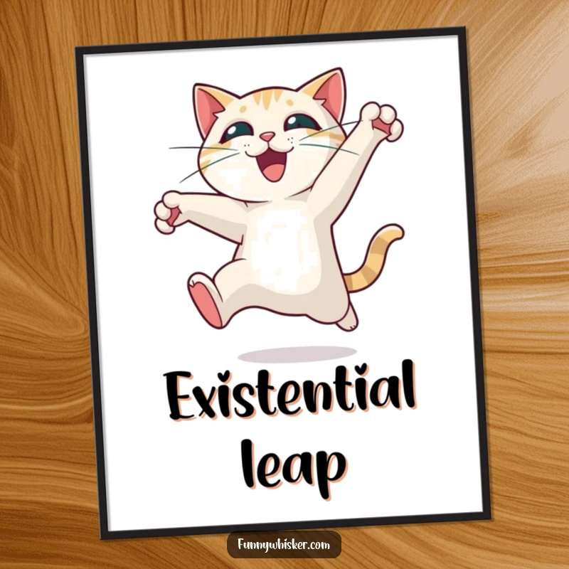 Funny cat poster showcasing a character mid-leap, whiskers spread wide in exhilarating motion, bringing dynamic, humorous energy to any wall.