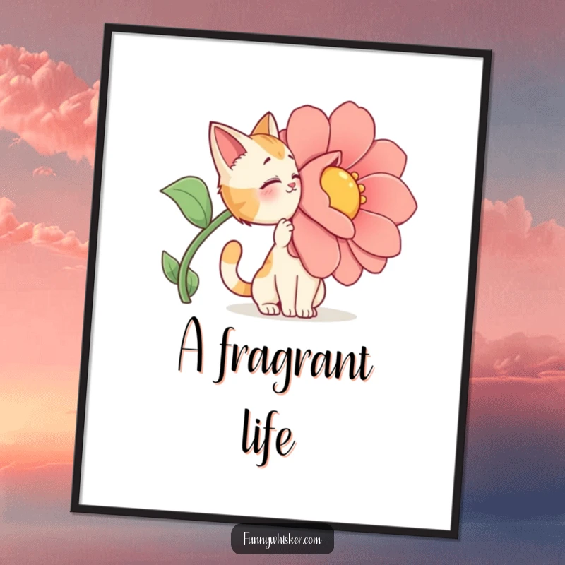 Funny Poster: High-quality print of a cat character dramatically sniffing a giant, cartoonish flower with intense focus.