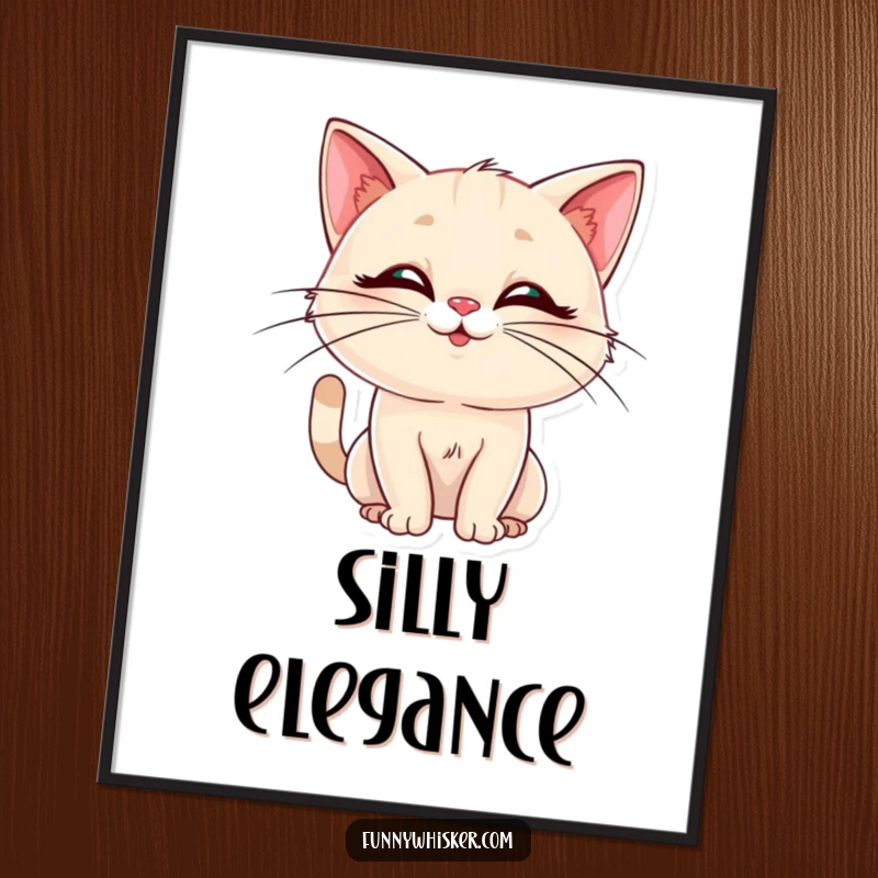 Funny poster print of a cat with elegant whiskers in a hilariously silly pose. Humorous wall art, a fantastic funny gift.