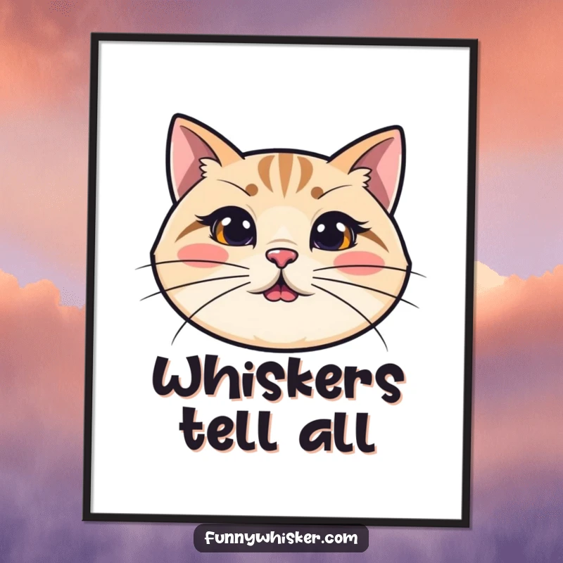 Funny cat poster art featuring a simplified cat head with incredibly long, wiggly whiskers, adding a touch of humor to any wall.