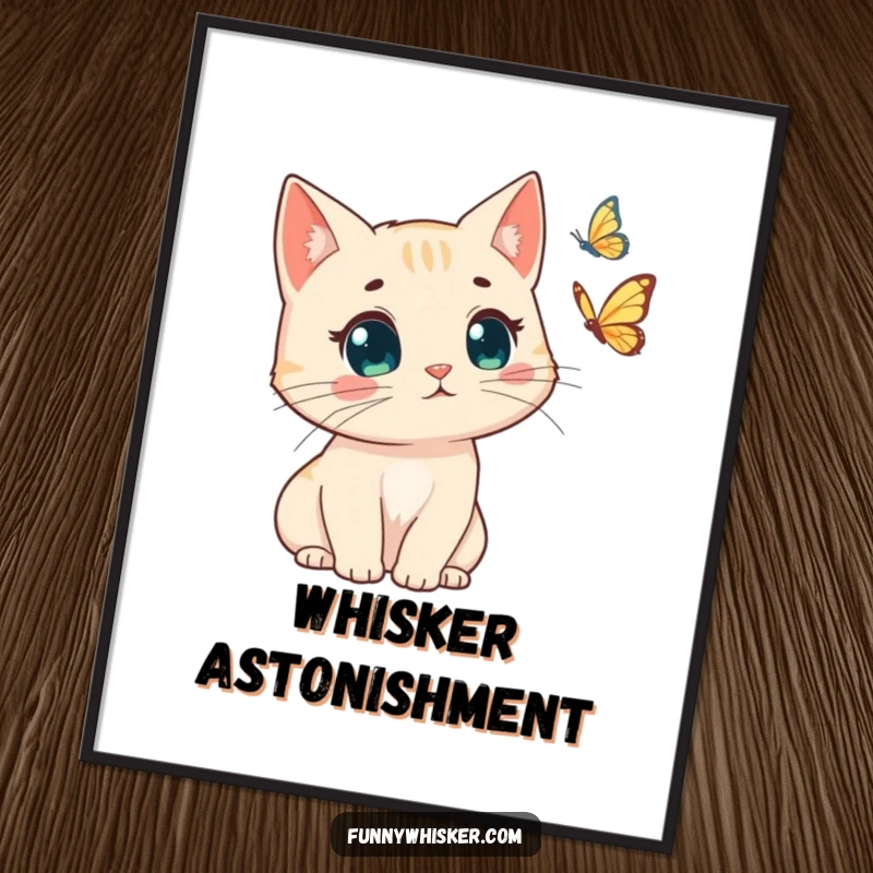 Funny poster print of a cat with windswept whiskers, surprised by a butterfly. Humorous wall art, excellent funny gift.