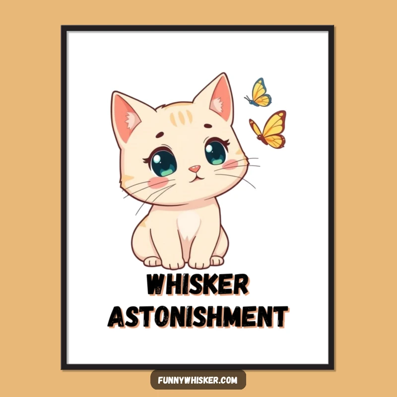 Funny Cat Poster: Windswept Whiskers Surprise at Butterfly - Humorous Wall Art Gift!