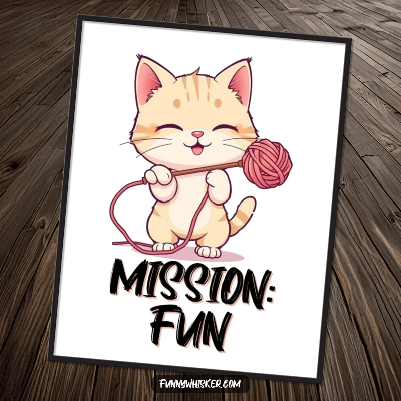 Funny Poster: High-quality print of a cat character enthusiastically batting at a floating, fuzzy ball of yarn.