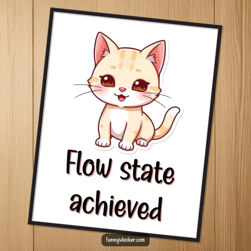 Funny poster of a cat character stretching and playfully extending its whiskers, capturing a moment of serene feline relaxation.