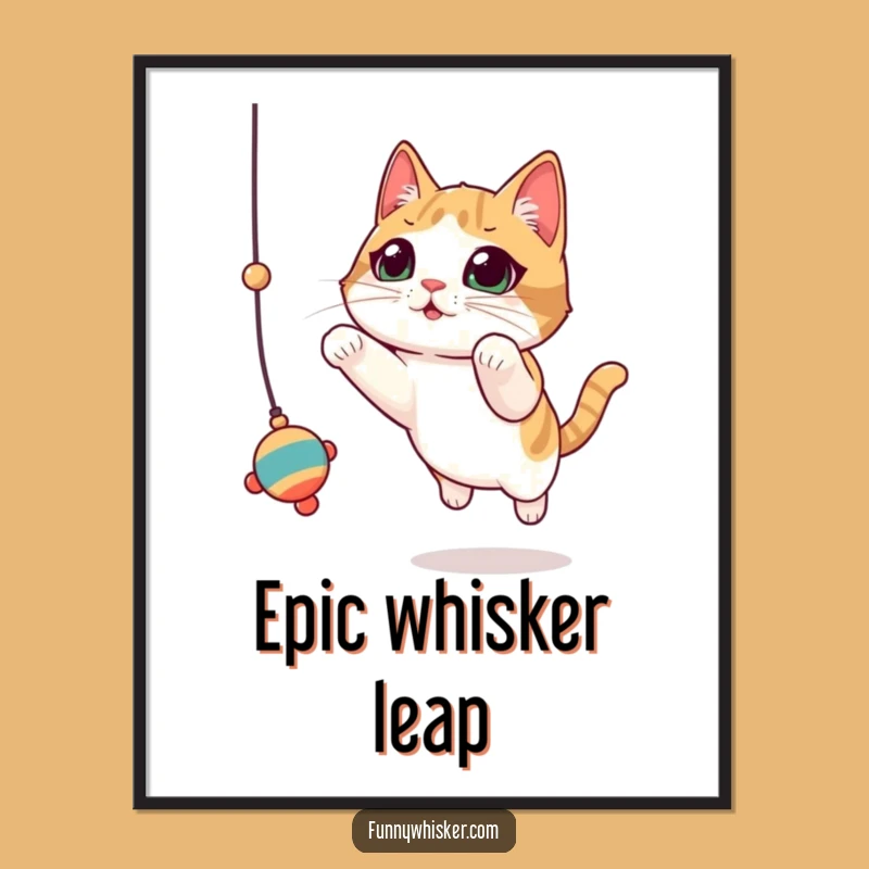 Funny Cat Toy Leap Poster: Dynamic Whiskered Art Print, Perfect Gift