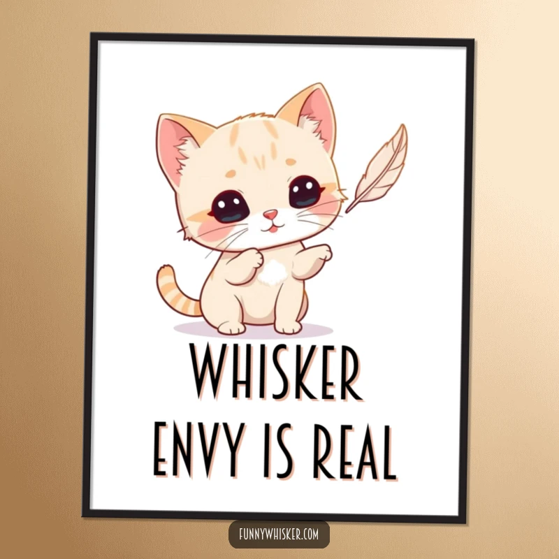 Funny Cat Poster: Tiny cat with oversized whiskers playfully batting a floating feather, a humorous wall art.