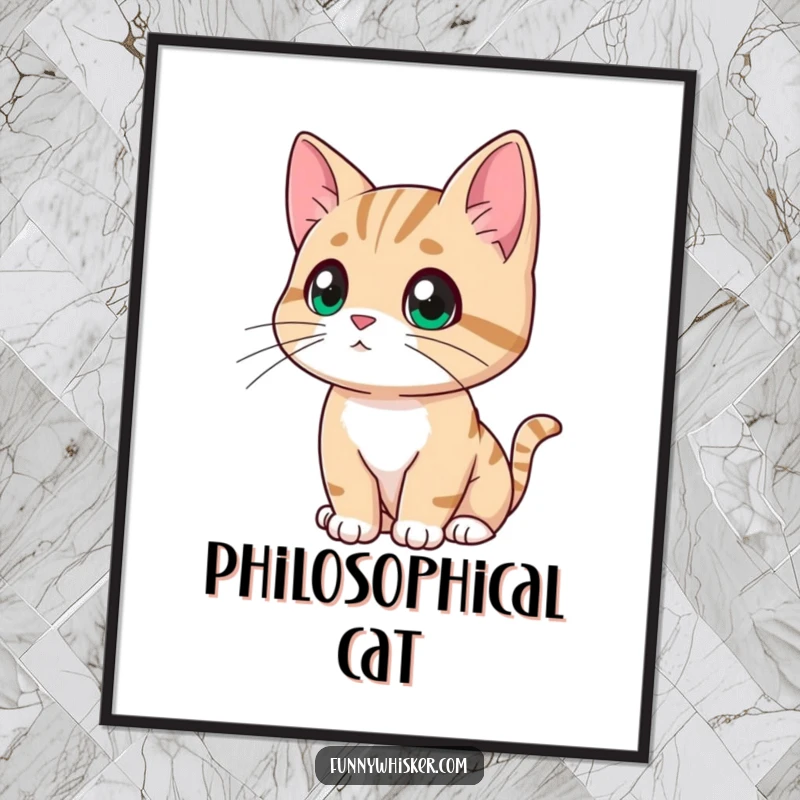 Funny cat poster illustrating a character looking thoughtfully into the distance, whiskers drooping slightly, a humorous piece for reflective decor.