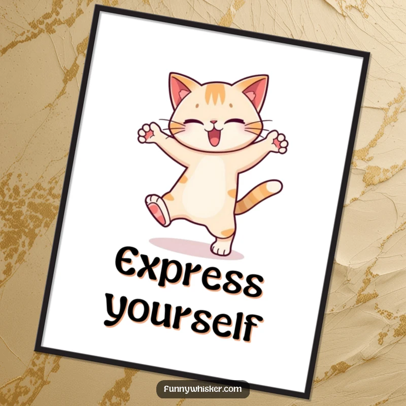 Funny Poster: High-quality print of a cat character performing a ridiculous, silly dance with exaggerated leg movements.