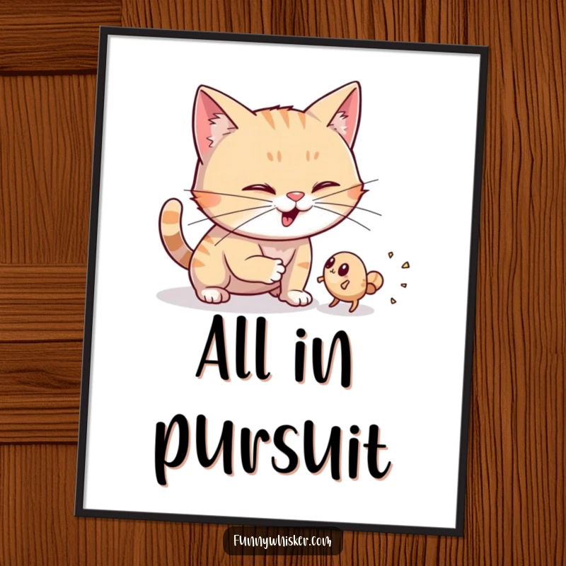 Funny poster art of a cat character with wiggling whiskers, comically attempting to catch a tiny animated dust bunny.