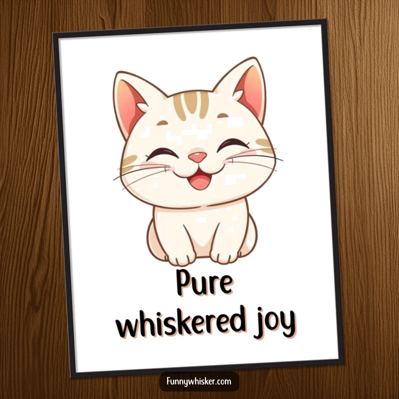 Funny poster, a cat character with whiskers curled into a cheerful grin, bringing vibrant happiness and infectious good vibes to wall art.