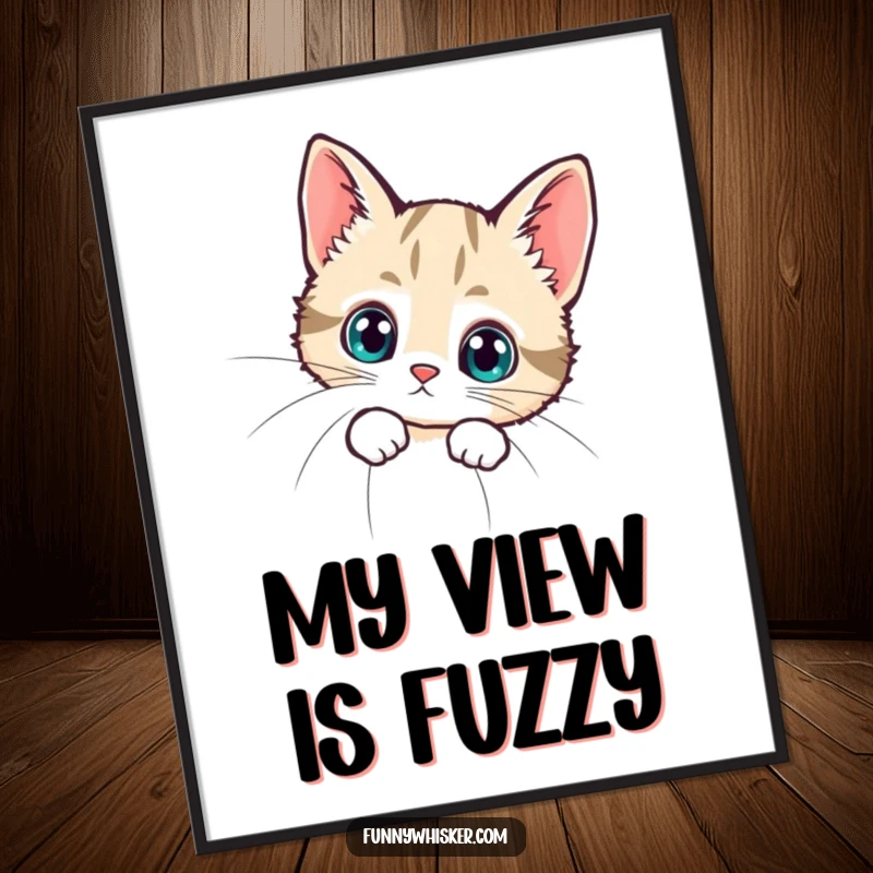 Funny poster showcasing a tiny cat peeking with wide eyes from behind a huge whisker, capturing a moment of adorable, comical curiosity.