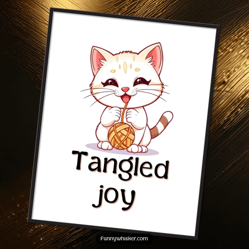 Funny art print of a kitten with huge whiskers playing with a yarn ball, adding joy and whimsy.