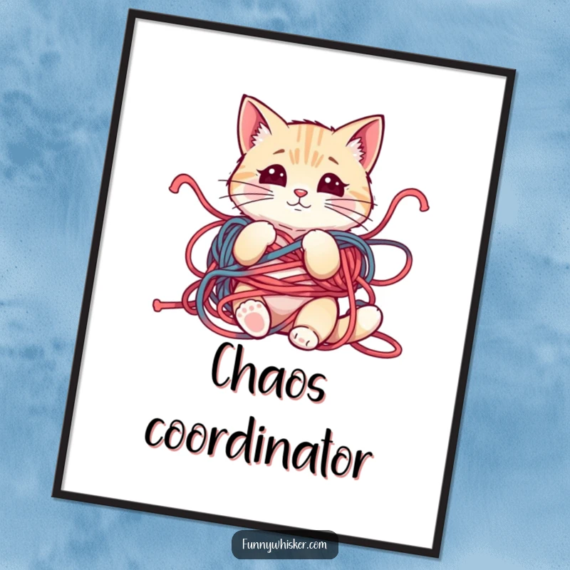 Funny poster print of a cat character hopelessly tangled in yarn, whiskers askew, radiating innocent mischief, for wall decor.